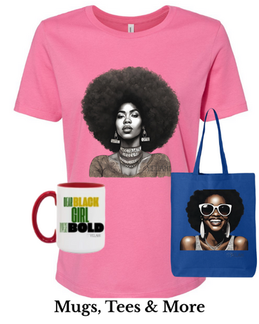 Yelani branded merchandise including custom mugs, graphic t-shirts, and reusable tote bags